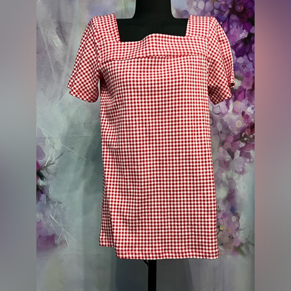 XS Lands End square Neck Gingham red/white tunic shortsleeved top pre loved